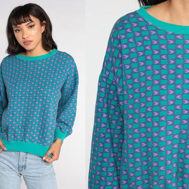 80s Sweatshirt GEOMETRIC PRINT Sweatshirt Cropped Slouchy Graphic Shirt Pullover 90s Statement Jumper Vintage Blue Green Ringer Medium Large 