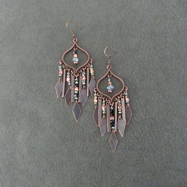 Chandelier earrings, green crystal and copper gypsy earrings, boho earrings, long ethnic tribal earrings, bohemian unique princess 