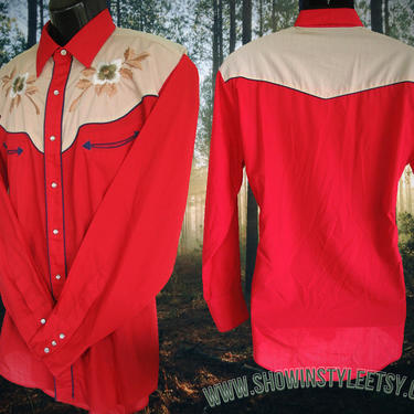 Vintage Western Men's Cowboy and Rodeo Shirt by Fenton, Bright Red with Embroidered Flowers, Tag Size is Large (see meas. photo) 