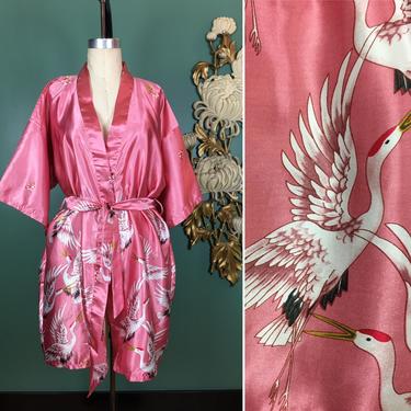pink satin robe, vintage robe, asian style, crane print, tie waist, dressing gown, kimono sleeves, cropped length, one size, novelty print 