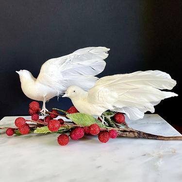 Set of 2 White Dove, Turtledove, Bird Christmas Tree Ornaments - Real Feathers, Christmas Wedding Decor Decoration, Spun Cotton, Wired Legs 