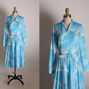 1970s Turquoise Blue and White Leaf Fan Long Sleeve Fit and Flare Waist Belted Dress by Jerrie Lurie -L 