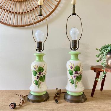 Vintage Lamps - Floral Glass Table Lamps Metal Base - Hand Painted Table Lamps - Green Leaves - Purple Yellow - Pair of Midcentury Lamps 