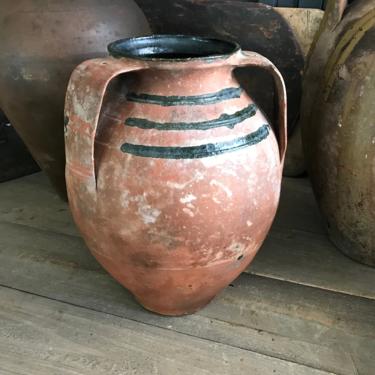 19th C Pottery Jug, Olive Jar, Redware Slip, Rustic Stoneware, Terra Cotta, Vase, Urn, Rustic European Farmhouse, Farm Table 