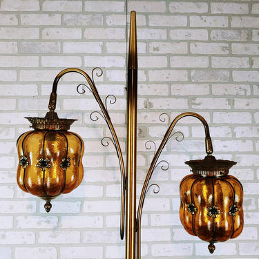 MCM Mid Century Modern Scroll Brass Gothic Floor Lamp with Amber Shades/Lanterns 
