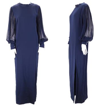 70s PAULINE TRIGERE navy silk column gown 8 / vintage 1970s blue evening gown with chiffon bishop sleeves maxi dress M 