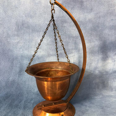 Vintage 11&amp;quot; Brass Hanging Bowl Planter with Chain and Table Stand 