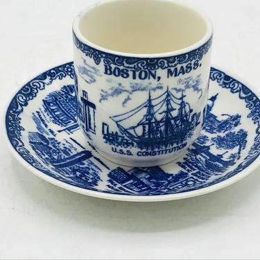 Vintage  Boston Souvenir  Blue Demitasse Tea Cup and Saucer-Nice  Condition-Blue Transferware sailing  Scene 