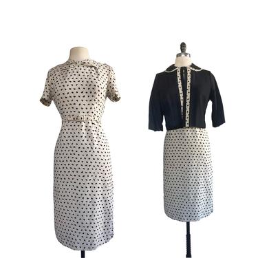 Vintage 60s abstract polka dot tan linen sheath dress with bolero jacket| Dalmatian spot print 