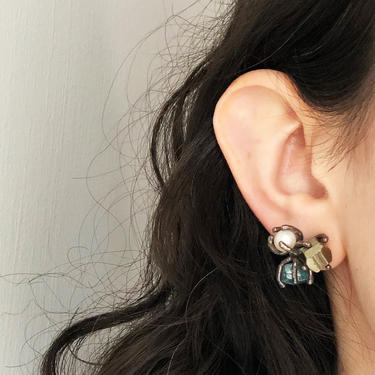 Gemstone Cluster Studs- Apatite, pyrite and pearl in oxidized black sterling silver claws 