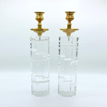 Vintage Thick Lucite and Brass Candle Holders by Josh Lazar Mid Century Modern 