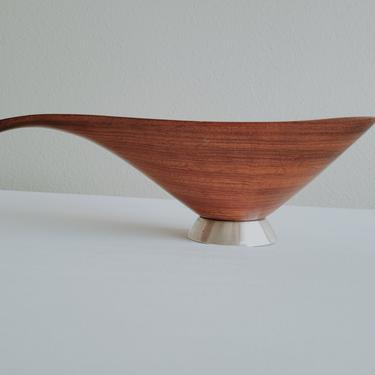 Emil Milan Hand Carved Sculptural Teak Wood Bowl with Sterling Silver Base 
