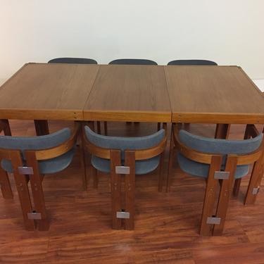Teak Dining Table and Six Chairs With Chrome Accents and One Leaf 