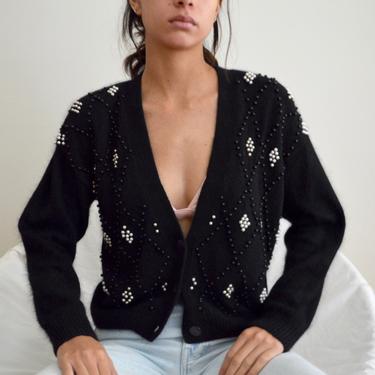 pearl beaded silk and angora blend plunge cropped cardigan 