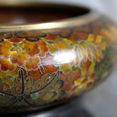 Antique Floral Cloisonné Bowl from China | Circa 1920s | Brown and Gold Floral Pattern, Brass Rimmed Bowl | Matching Vase Available 
