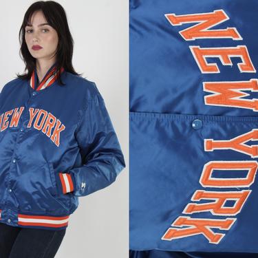 New York Knicks Starter Jacket Vintage 80s NBA Basketball Blue Satin Bomber Jacket Mens Large L 