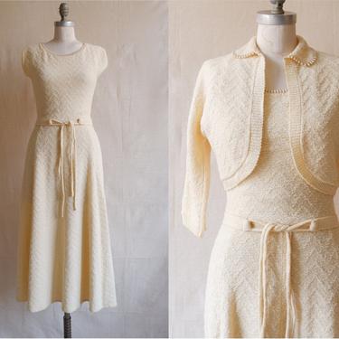 Vintage 50s Ivory Knit Pearl Trim Set/ 1950s Dress and Cropped Bolero Cardigan/ Off White Winter Wedding/ Size Small 