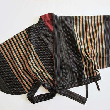 Vintage Japanese Haori Robe OS - Short Japanese Kimono Robe Striped - Black Green Orange Wide Sleeve Kimono Jacket - Wrap Jacket 