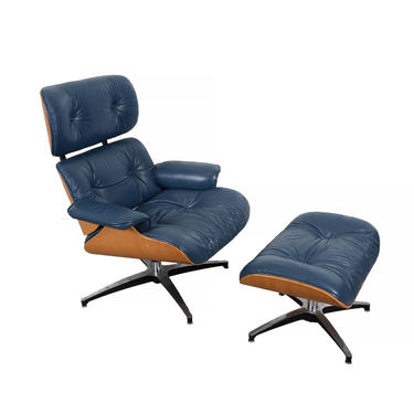 Eames Navy Blue Leather Lounge Chair and Ottoman Selig Mid Century Modern 