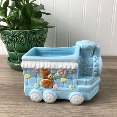 Blue train planter with a bear - vintage baby room decor 