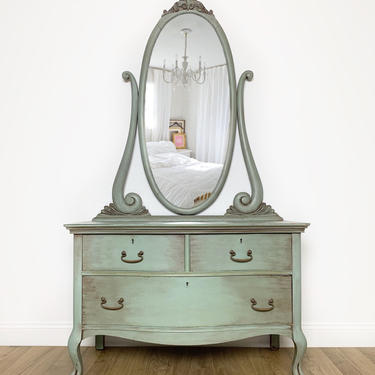 AVAILABLE TO CUSTOMIZE - Antique Paw Foot Dresser with Beveled Mirror and Serpentine Front 