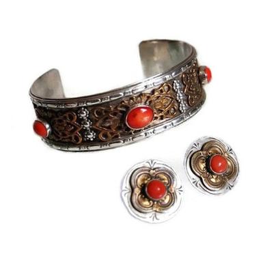 Southwestern Silver Cuff Bracelet & Earrings Vintage Red Coral Filigree Sterling Overlay Tribal Jewelry Boho Gift 