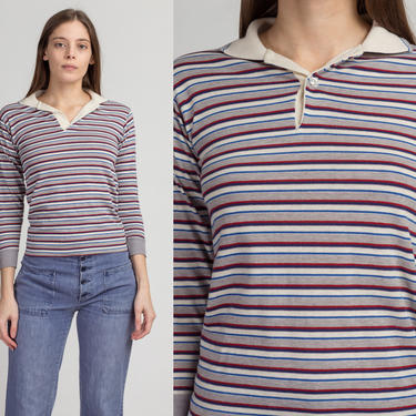 80s Retro Striped Collared Shirt - Petite XS | Vintage Long Sleeve Polo Top 