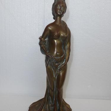 Vintage Bronze Sculpture Oriental Asian Woman Statue Poised Half Draped 