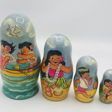 Rare 5 PC Vintage Matryoshka Russian Nesting Dolls  Hand Painted Signed Gurgei H. Ivashina -Features Hawaiian Children 7 1/4&amp;quot; 