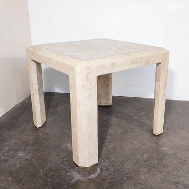 Vintage Tessellated Limestone End Table with Brass Inlay 