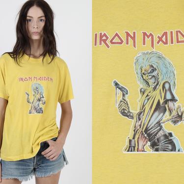 Vintage 1981 Iron Maiden T Shirt / 80s Eddie Heavy Metal Rock / Single Stitch Iron On Graphic / Yellow Mens Womens Band T Shirt 
