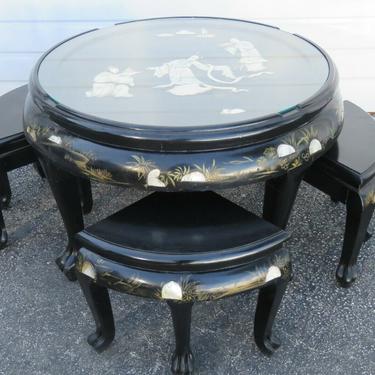 Oriental Asian Hollywood Regency Black Painted Coffee Table with 4 Stools 1958