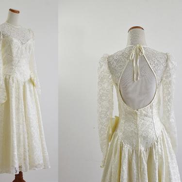 Vintage  Open Back Wedding Dress, Tea Length Wedding Dress, 80s Wedding Dress, Illusion Neckline Lace Wedding Dress, Medium 