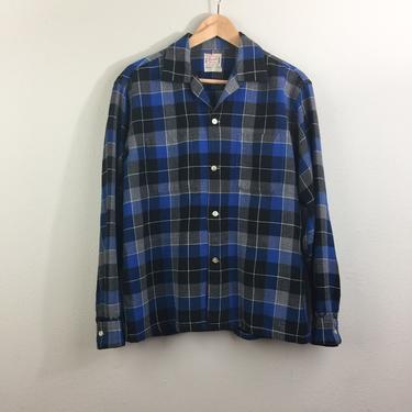 Vintage Mens 50s Plaid Button Down Shirt Blue Gray Black Brent Flannel Wool M/L 