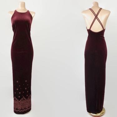 VINTAGE 90s Burgundy Red Sparkle Velvet Open Back Cocktail Prom Dress | 1990s Sexy Formal Gown | 90's Party Slip Dress | XL XXL 1X Plus Size 
