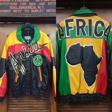 Vintage 1990’s Africa Pattern Color-Block Style Leather Jacket, Vintage Top, Pan-African, Peace, Maziar, Vintage Clothing 