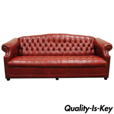 Vintage Red Leather English Chesterfield Style Button Tufted Sofa by Jasper