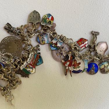 Vintage Charm Bracelet, Travelers Charms, Silver Bracelet With Souvenir Charms 