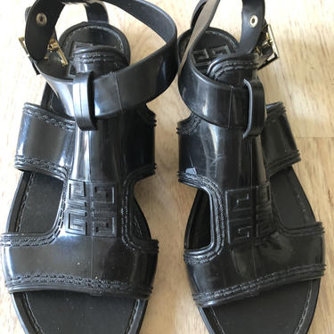 Vintage Givenchy Black Logo Plastic Sandals Made In Italy 