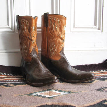 SPREAD YOUR WINGS Vintage 60s Eagle Boots | 1960s Acme Two Tone Leather Gold Foil Inlay Western Boots | Southwestern Rockabilly | Mens Sz 12 