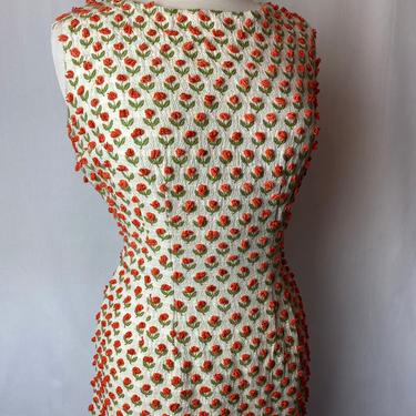 60’s dress crocheted raised orange flowers wiggle dresses shapely jersey knit sleeveless Spring floral Pop of color size Large 31” W 