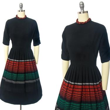 Vintage 1950s Dress | 50s Woven Striped Checkered Color Block Border Print Black Cotton Red Green Button Back Full Skirt Day Dress (x-small) 