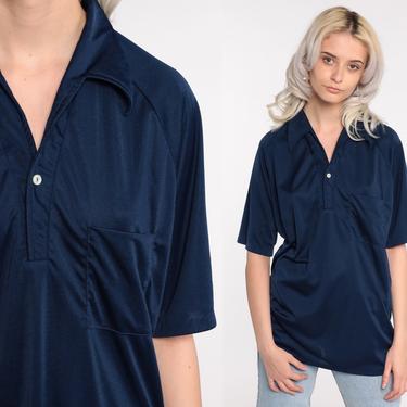70s Polo Shirt Dark Blue Button Up Polo Shirt Collared Shirt 1970s Retro Vintage Short Sleeve Geek Shirt Large l 