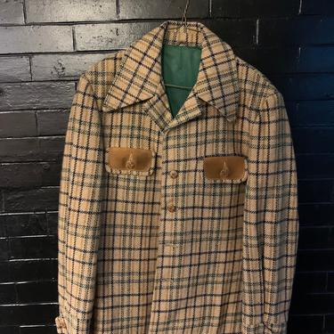 Vintage Robert Lewis Wool Mens Shirt Jacket Green Brown Beige Plaid with Suede Breast Pocket 