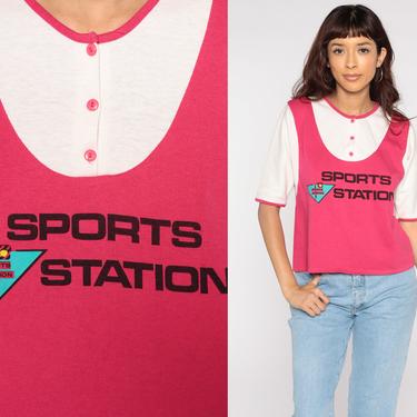 80s Graphic Shirt -- Sports Station T Shirt Hot Pink Tshirt 80s Graphic Tee Short Sleeve Henley Shirt Vintage 1980s Medium 