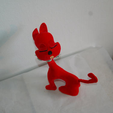 Vintage Christmas Red, Plush, Velveteen Cool Cat Figure ~ Beatnik Cat Toy ~ sawdust stuffed, Dream Pet Style ~ Japan ~ 1970's 
