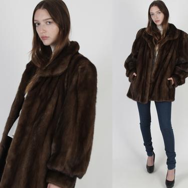 Bill Blass Womens Brown Mink Coat / Soft Fur Back Under Collar / Vintage 80s Plush Natural Opera Coat / Draped Designer Evening Coat 