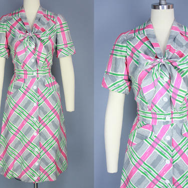 1940s PRINCESS PEGGY Dress | Vintage 40s Printed Plaid Cotton Day Dress | medium 