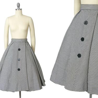 Vintage 1950s Circle Skirt | 50s Striped Black White Cotton Nautical Full Swing Skirt (x-small/small) 