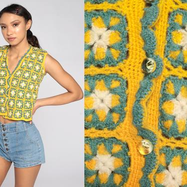 Crochet Vest Yellow Knit Top 70s Hippie Boho Vest Crop Top Sheer Button up Vest 1970s Vintage Bohemian Sweater Green Extra Small xs 